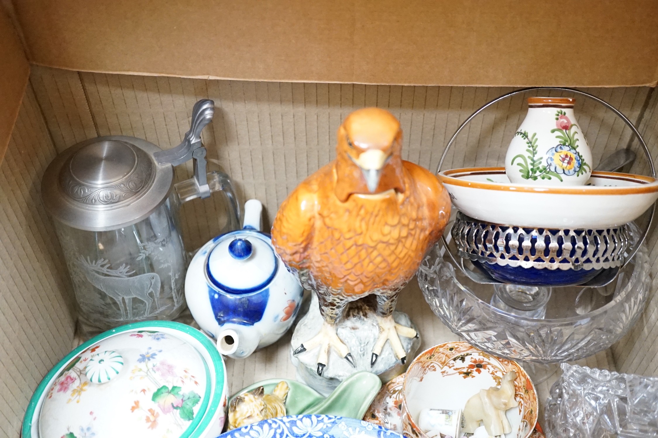 A quantity of mixed ceramics and glass including Beswick, Wade, Spode, Mintons etc